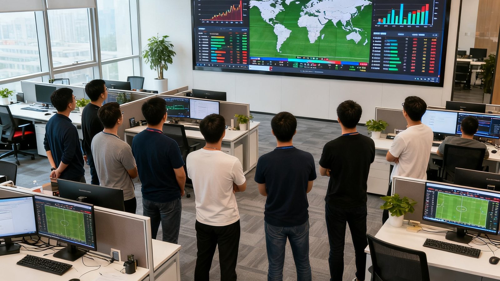 188比分网北京总部办公室实景，开放式工位区域技术团队正在监控全球赛事数据大屏